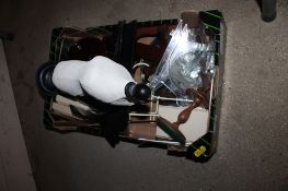 A box containing various jewellery stands, hardwood vase stands, plate rack, mirrored stand etc.