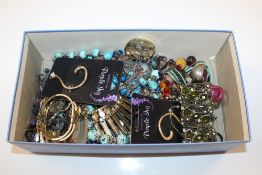 A box of various costume jewellery to include bead necklaces, dress rings, bangles etc.