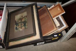 A box containing various pictures and prints to include two coloured prints after E. P. Kinsella