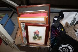 A box containing various pictures and prints to include a Ryan watercolour study of 'The House in