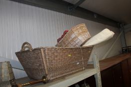 A twin handled wicker basket; a blind etc.