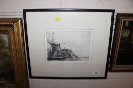 After Rembrandt, black and white etching, pencil signed windmill, hand printed by Rae Boer September