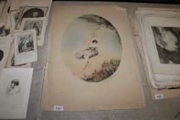 In the style of Louis Icart, pencil signed coloured etching of a lady on a swing 113/200
