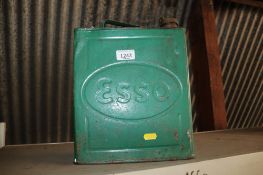 A metal two gallon Esso fuel can