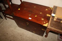 An Eastern hardwood and brass inlaid chest, interior fitted twin handled tray and two campaign style