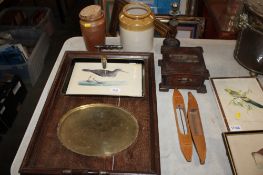 An oak tea tray; an oval Eastern brass tray; two loom shuttles; stone glazed jars etc.