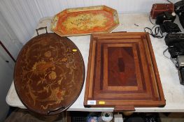 An Art Deco design tea tray; a Sheraton style inlaid tray and a retro laminate tray