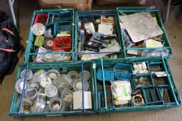 Five trays containing various fittings, tools, screws, nuts etc.
