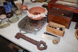 A mahogany storage box; various artist material; a pated two handled drinks tray; a key rack etc.