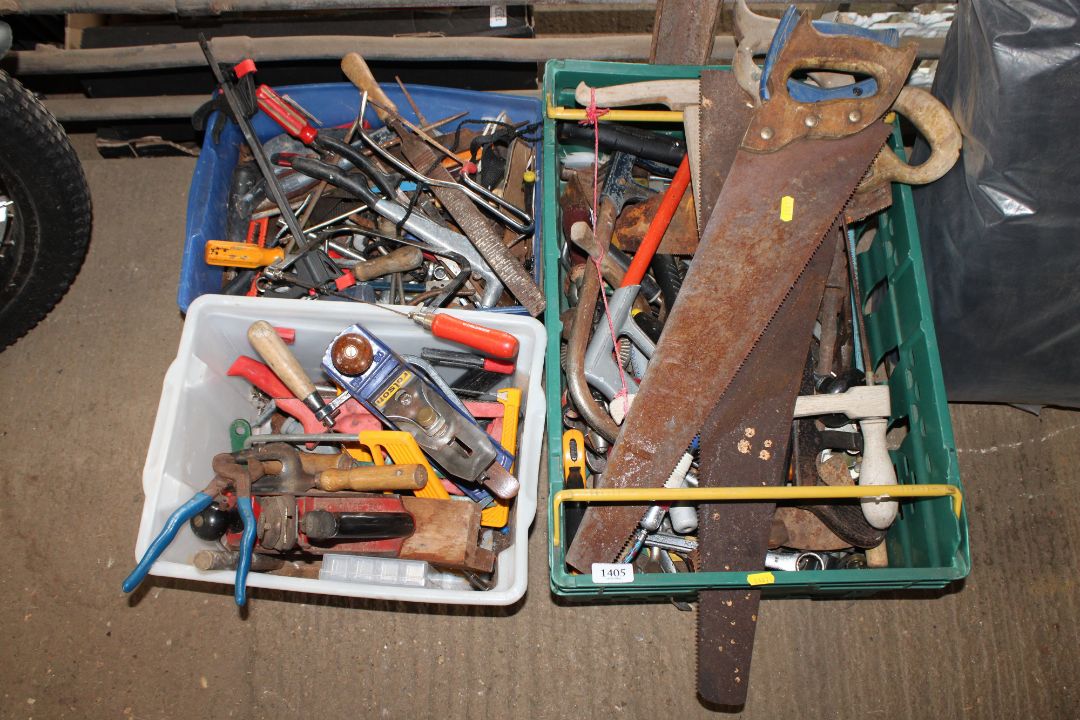Three boxes containing various tools to include saws, screwdrivers planes, pliers etc.