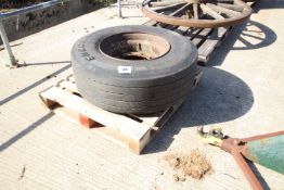 + VAT 385/65R22.5 super single wheel and tyre. 10-stud centre.