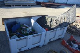 + VAT 2x dolavs containing pipe fittings, hydraulic hose crimping machine, John Deere mudguard,