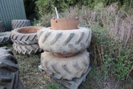 + VAT Pair of 16.9R24 Stocks front dual wheels and tyres. With five clamps.