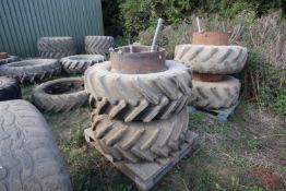 + VAT Pair of 142/70R24 Stocks front dual wheels and tyres. With four clamps.