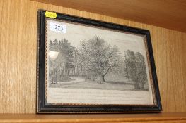 A black and white framed and glazed print 'The American Oak' in Bramford Park, Suffolk against which