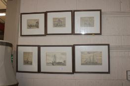 Six framed and glazed pencil sketches depicting barges, schooners and other sailing vessels, all