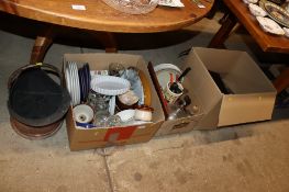 Three boxes containing various glass, china, kitchenalia and a coal scuttle