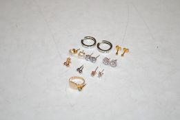 A 9ct gold ring, ring size I and a pair of 9ct gold earrings 2.2gms total weight and various other