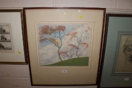 Pencil signed coloured print depicting trees on a hillside, indistinctly signed to bottom right