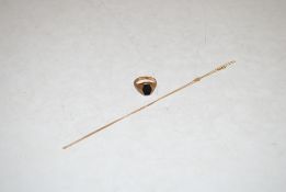 A 9ct gold ring set with stone, ring size W, 6.2gms total weight and a 9ct gold necklace 1.5gms