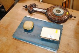 A carved cased barometer / thermometer; a Common Prayer book; travel clock; knitting patterns etc.