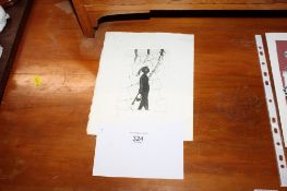 Tessa Newcombe, small black and white engraving of figures, pencil initialled to bottom right 2/75
