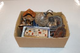 A box containing cut glass and white metal mounted perfume atomiser AF, a silver plated inkwell, a