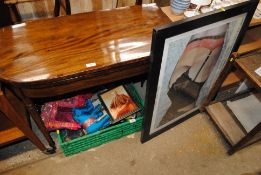A box containing various pictures and prints to include O.K.Harris print; a mahogany box the lid
