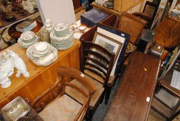 A pair of rush seated ladder back dining chairs; a bar back chair AF; a cane seated child's chair AF