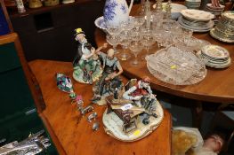 Three CapodiMonte style figure groups and various other ornaments