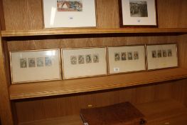 Sixteen miniature portrait studies and courting couple scenes contained in four gilt frames