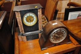 An Enfield oak cased two-hole mantel clock and a J. B. Yabsley of London black slate and rouge