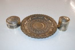A Sri Lankan white metal dish and two circular boxes and covers, 560gms total weight