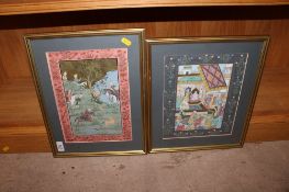 A pair of Indian / Persian style paintings depicting a Royal / Imperial Court scene and a hunting