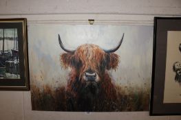 John Ryan, acrylic on canvas 'Grazing Highland Bull'