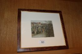 A framed and glazed watercolour study depicting a viaduct, possibly North Yorkshire