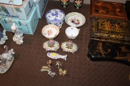 A collection of various decorative china to include a pair of Continental floral encrusted jars