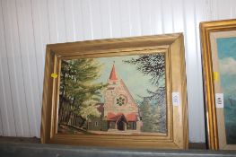 A git framed oil on board study depicting a church