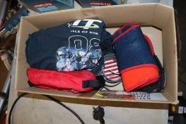 Two motorcycle t-shirts, size XL, a knee brace, elbow pads, belt etc.