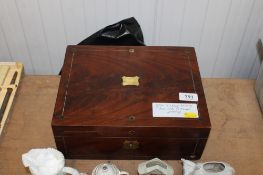 A mahogany and brass inlaid writing slope containing various costume jewellery