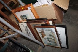 A collection of various prints to include a coloured print of Alderton Church