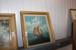 A gilt framed oil on board study depicting an Oriental vessel
