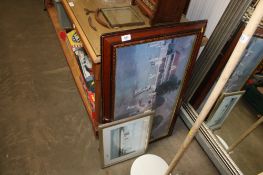 A framed and glazed coloured print depicting a cricket scene; an oak framed wall mirror and a