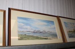 Judy Mattin, framed and glazed watercolour study of Felixstowe Docks From Shotley Marina