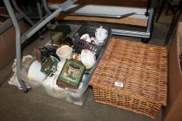 A wicker basket and a box containing various sundry items to include figurines, Studio Pottery