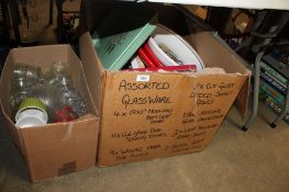 Two boxes containing various sundry items to include glassware, cooking dishes etc.