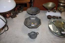 Two pewter comports together with a twin handled pewter bowl