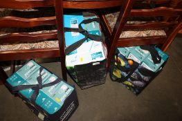 A collection of various face masks and gloves