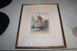A gilt framed watercolour study of a windmill