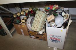 Three boxes containing various sundry items, light fittings, ornaments etc.